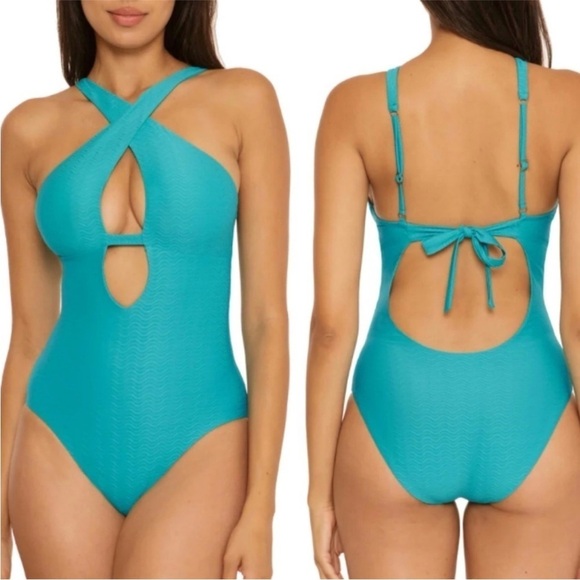 Becca Vibes Tessa Texture Crossover High Neck One-Piece Swimsuit in Gulf - Picture 1 of 4